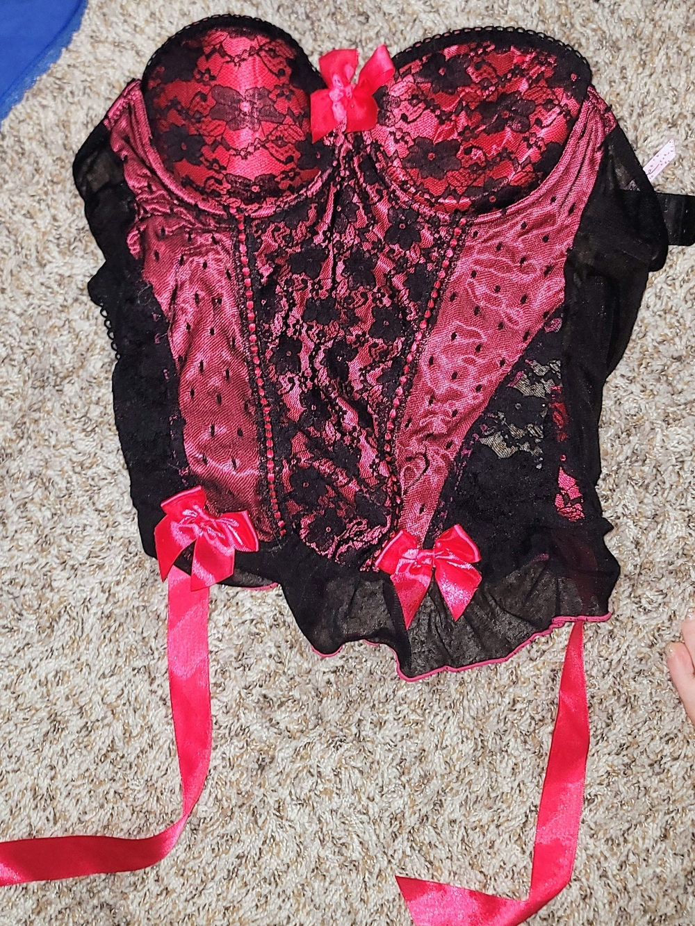 Pink And Black Lace Bustier Corset Top and Thong Size 36B